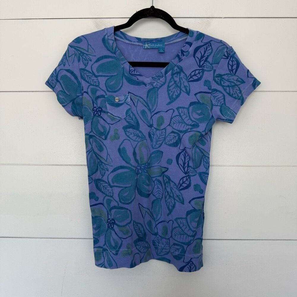 Fresh Produce Women’s Small Vneck Patterned Purple Blue Short Sleeve Top